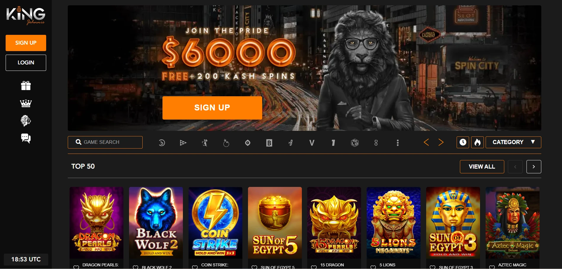 Screenshot of the King Johnnie Casino home page